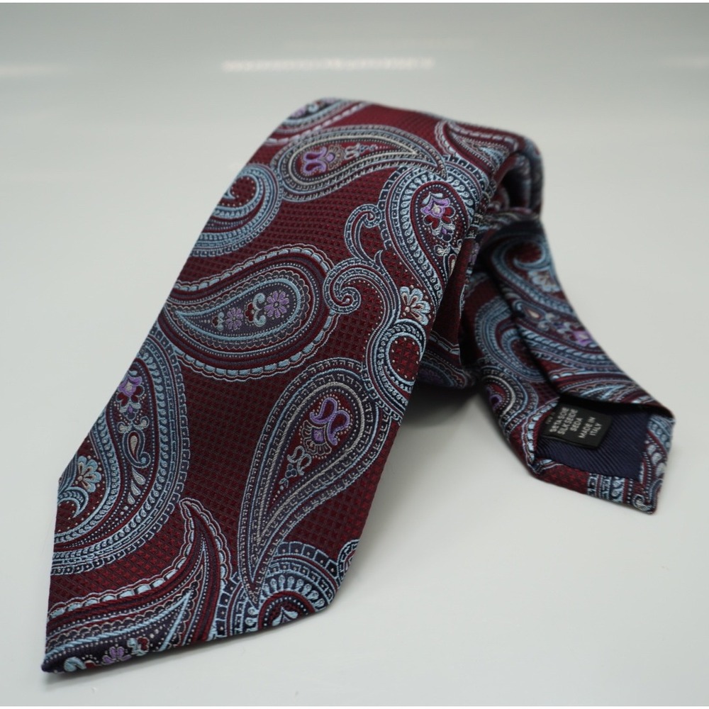 Ermenegildo Zegna Silk Tie Burgundy Blue Paisley Made in Italy Luxury Necktie